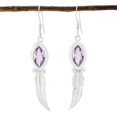 Emily Purple Solitaire Earrings with Silver Feather Design Amethyst Purple Dangle